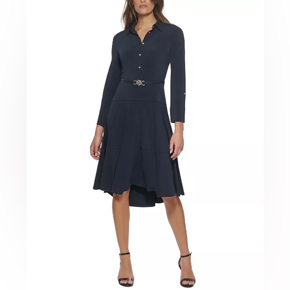Tommy Hilfiger Dark Blue High Low Dress Belted Jersey Shirtdress
